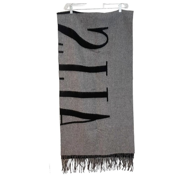 New All Saints Reversible Max Wool Logo Wool Scarf Black Gray Women's OS NWT - Picture 5 of 12
